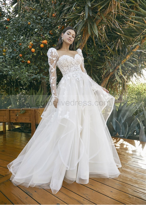 Detachable Sleeves Ivory Lace Tulle Sweet Wedding Dress